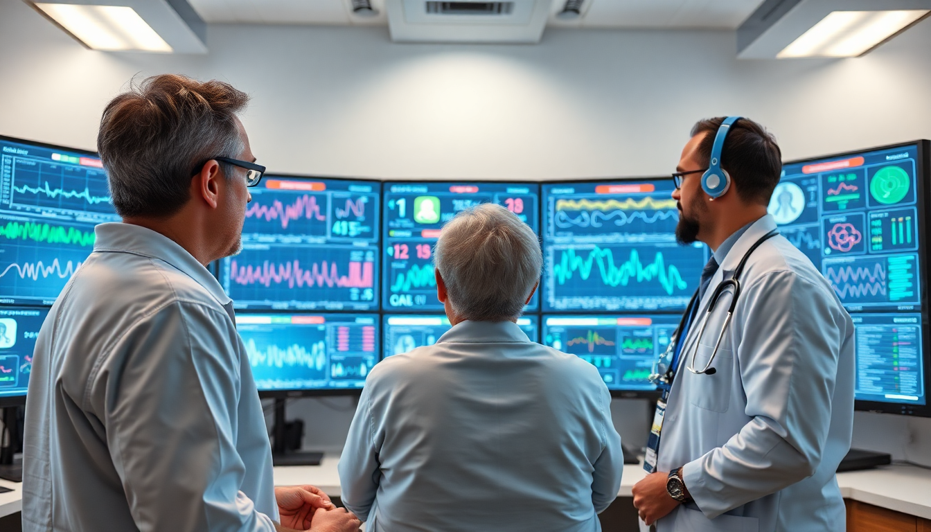 환자가 웨어러블 센서를 착용하고 의료진이 여러 화면에서 실시간 활력 징후, EMR 데이터, AI 알림을 모니터링하는 24시간 환자 모니터링 시스템의 모습.