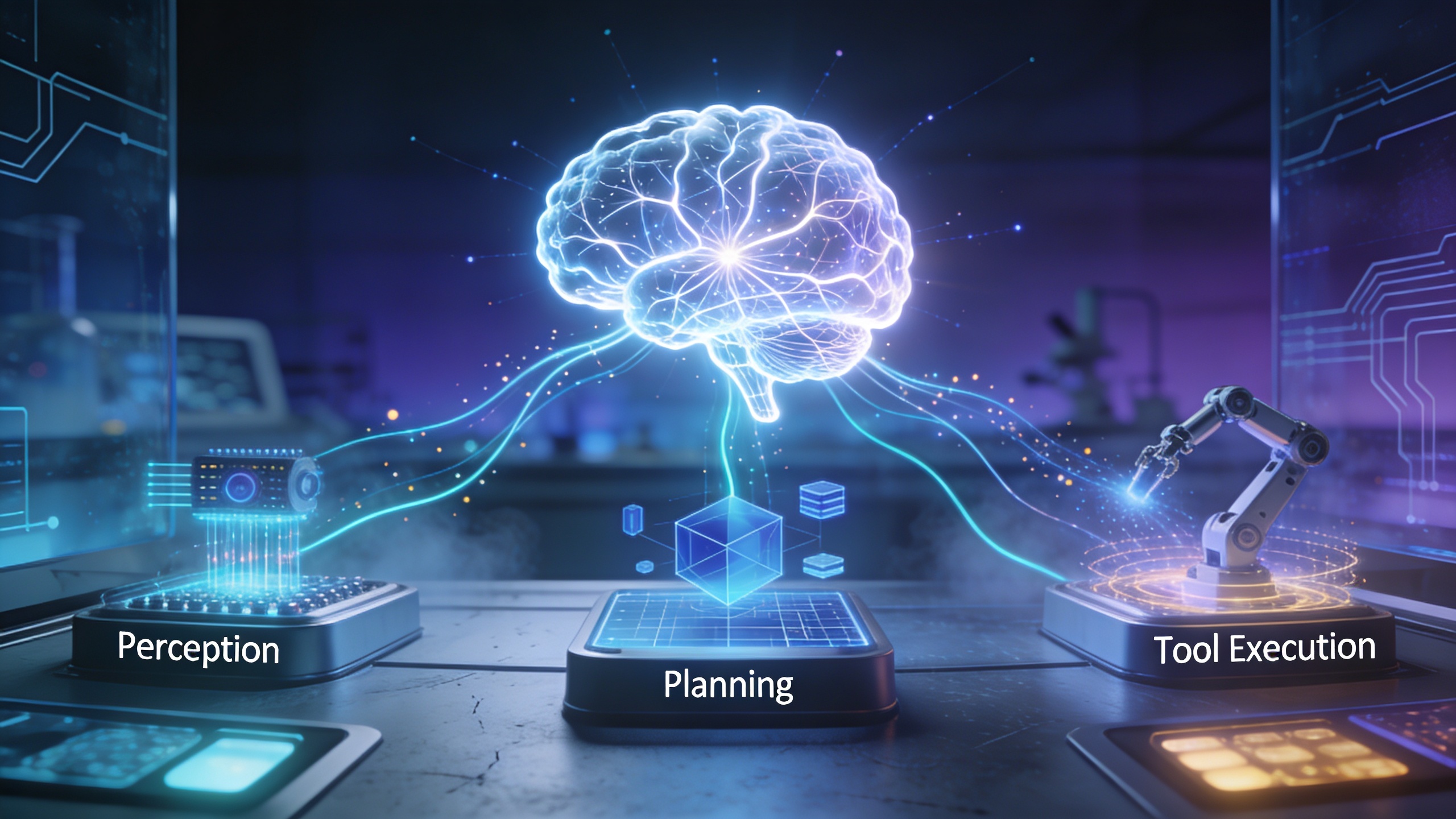 관찰 추론 행동의 순환 구조로 작동하는 AI 에이전트의 핵심 구성 요소 시각화