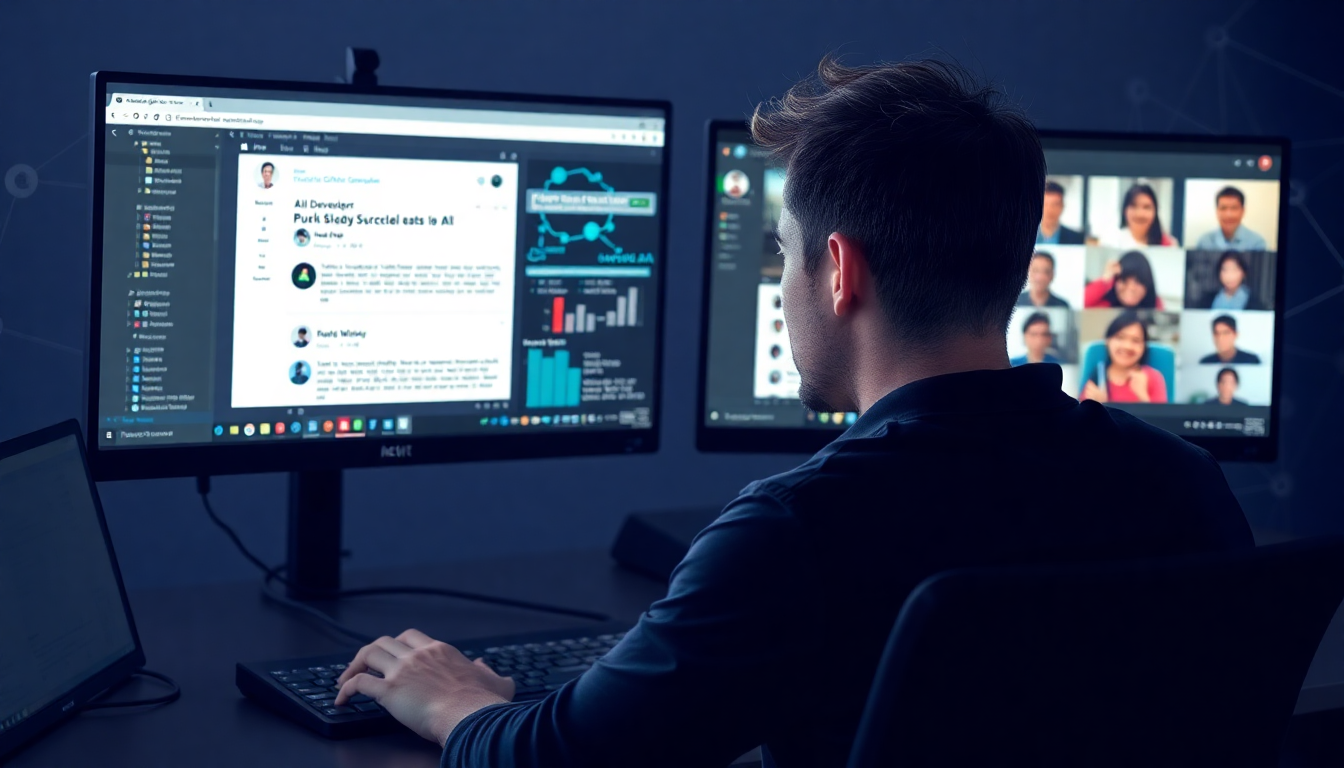 AI 개발자가 글로벌 오픈소스 커뮤니티에 적극적으로 참여하는 모습을 보여주는 이미지. GitHub 풀 리퀘스트, 기술 블로그 게시물, 가상 컨퍼런스가 한 번에 보이는 다중 화면 설정.