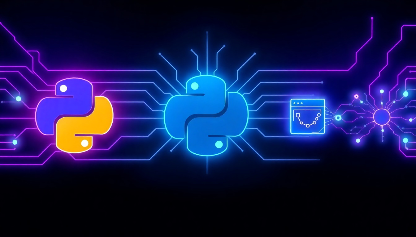 파이썬 기술을 바탕으로 데이터 분석, 웹 개발, AI 분야로 뻗어나가는 진로를 형상화한 디지털 아트워크