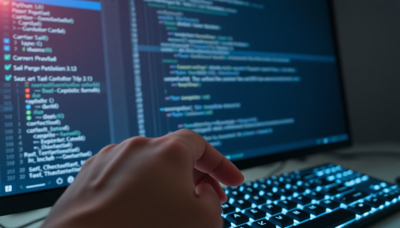 VS Code 에디터에서 AI 코딩 비서인 GitHub Copilot이 코드를 자동 완성해주는 화면 실사 스타일 이미지