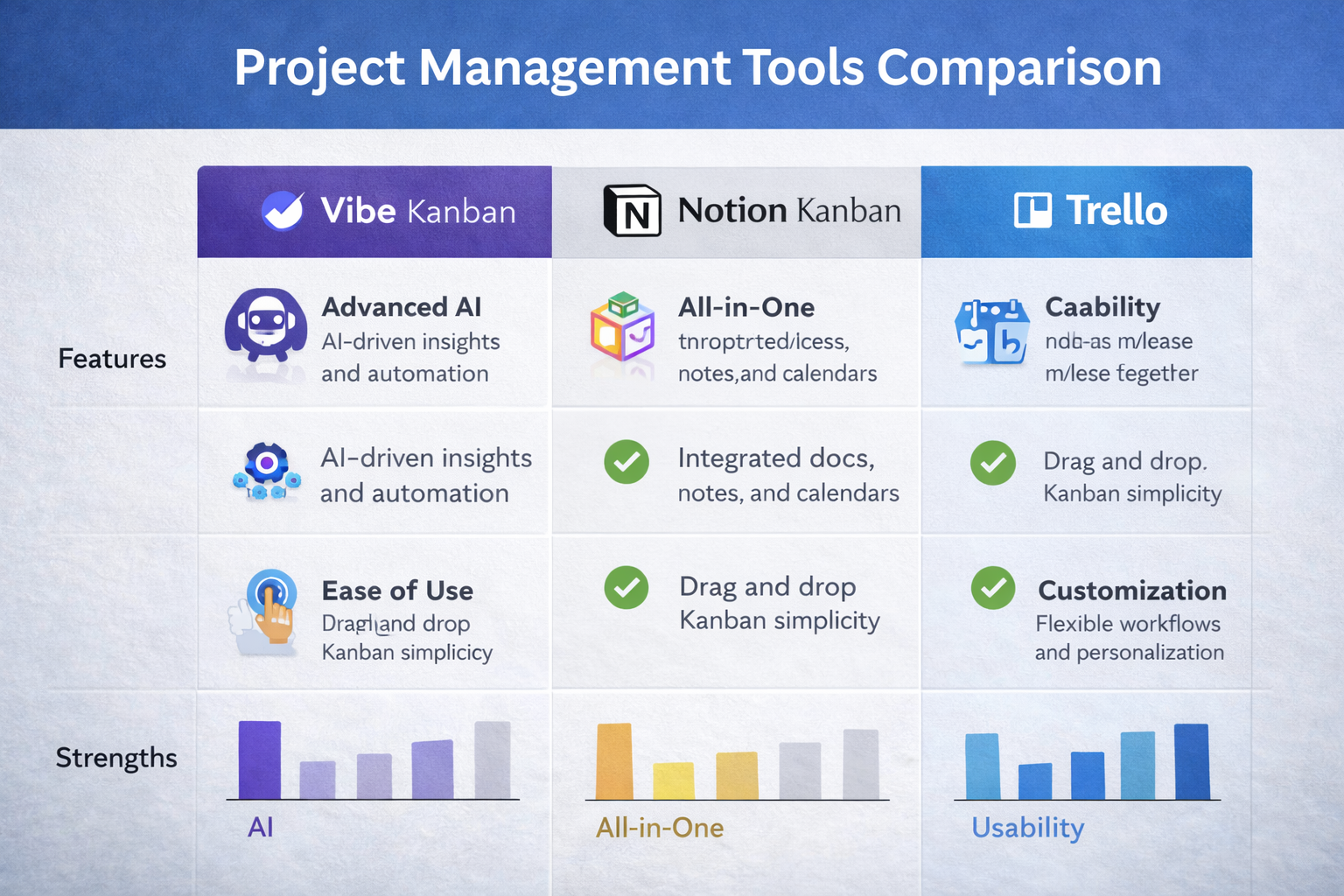 바이브 칸반 노션 칸반 트렐로 세 가지 프로젝트 관리 도구를 비교하는 인포그래픽 이미지