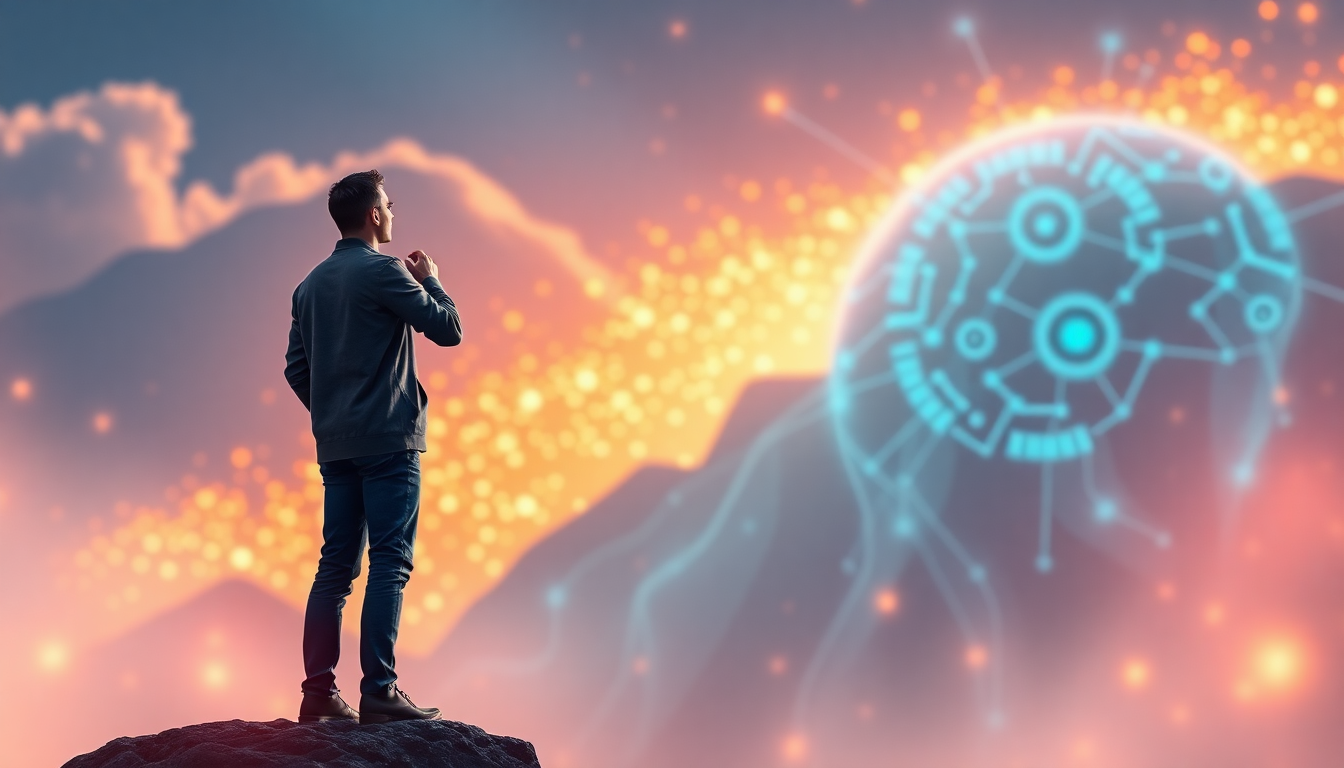 AI 개발자의 미래와 경쟁 우위를 상징하는 이미지. 혁신의 선두에 선 비전 있는 AI 개발자가 자율 AI 에이전트가 산업을 변화시키는 미래를 바라보고, 성공적인 AI 프로젝트 결과물이 배경에 보인다.