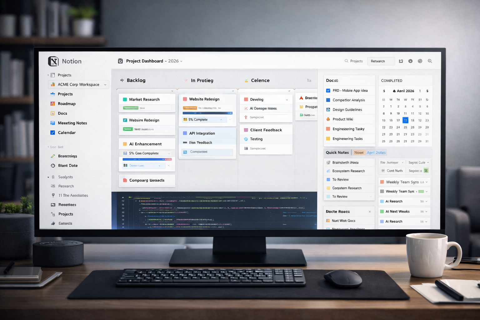 문서와 칸반 보드가 통합된 노션 워크스페이스를 보여주는 깔끔한 데스크탑 화면