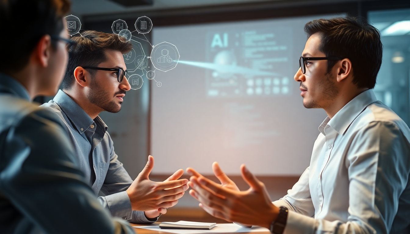 AI 개발자가 기술 면접에서 복잡한 AI 시스템 설계 및 문제 해결 접근 방식을 자신감 있게 설명하는 이미지. 깊은 기술적 이해와 실용적인 AI 개념 적용을 강조한다.
