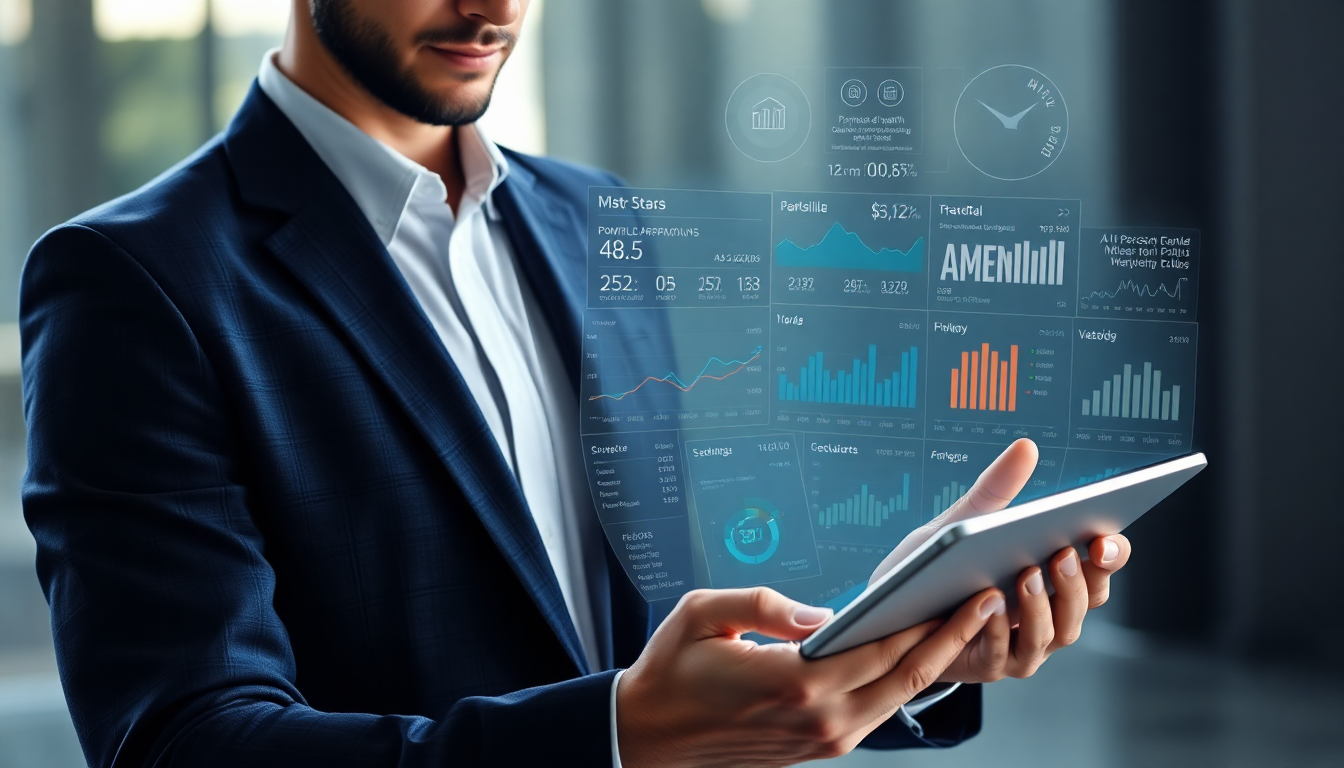 현대적인 개인이 태블릿이나 홀로그램 디스플레이를 통해 정교한 AI 기반 초개인화 자산 관리 에이전트를 사용하여 개인화된 포트폴리오 조정 및 실시간 금융 데이터를 확인하는 모습.