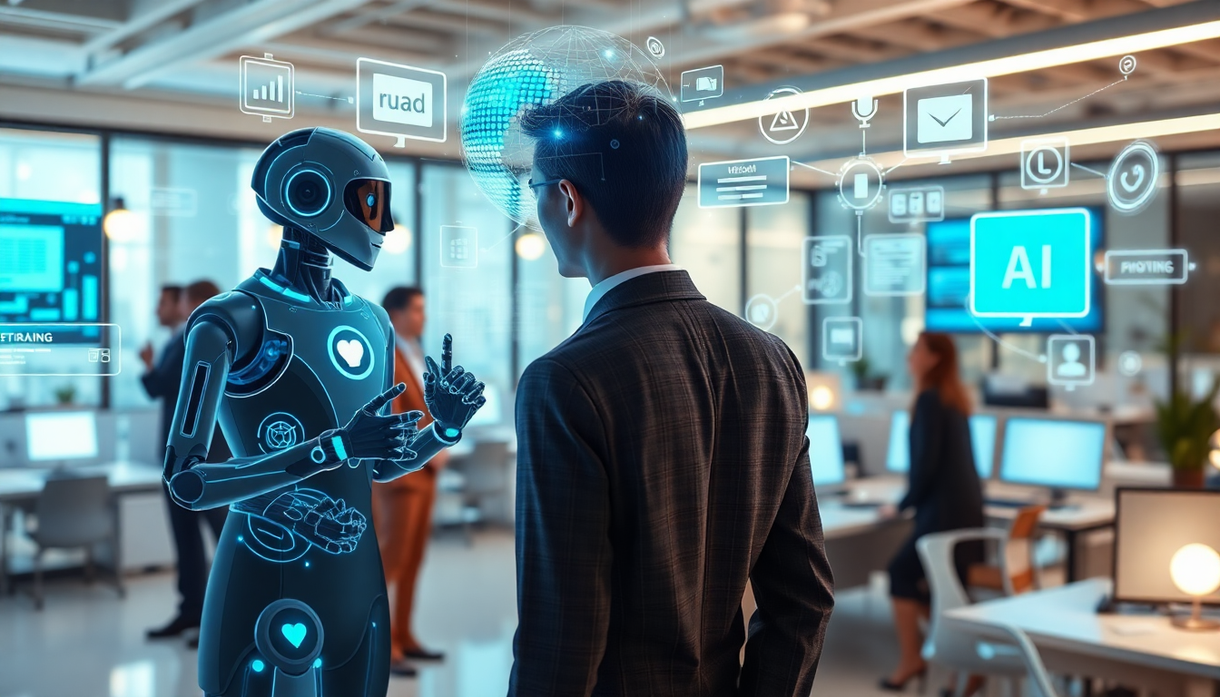 미래형 사무실에서 사람들이 홀로그램 인터페이스와 음성 명령을 통해 멀티모달 AI 챗봇 및 자율 에이전트와 원활하게 상호작용하는 역동적인 장면.