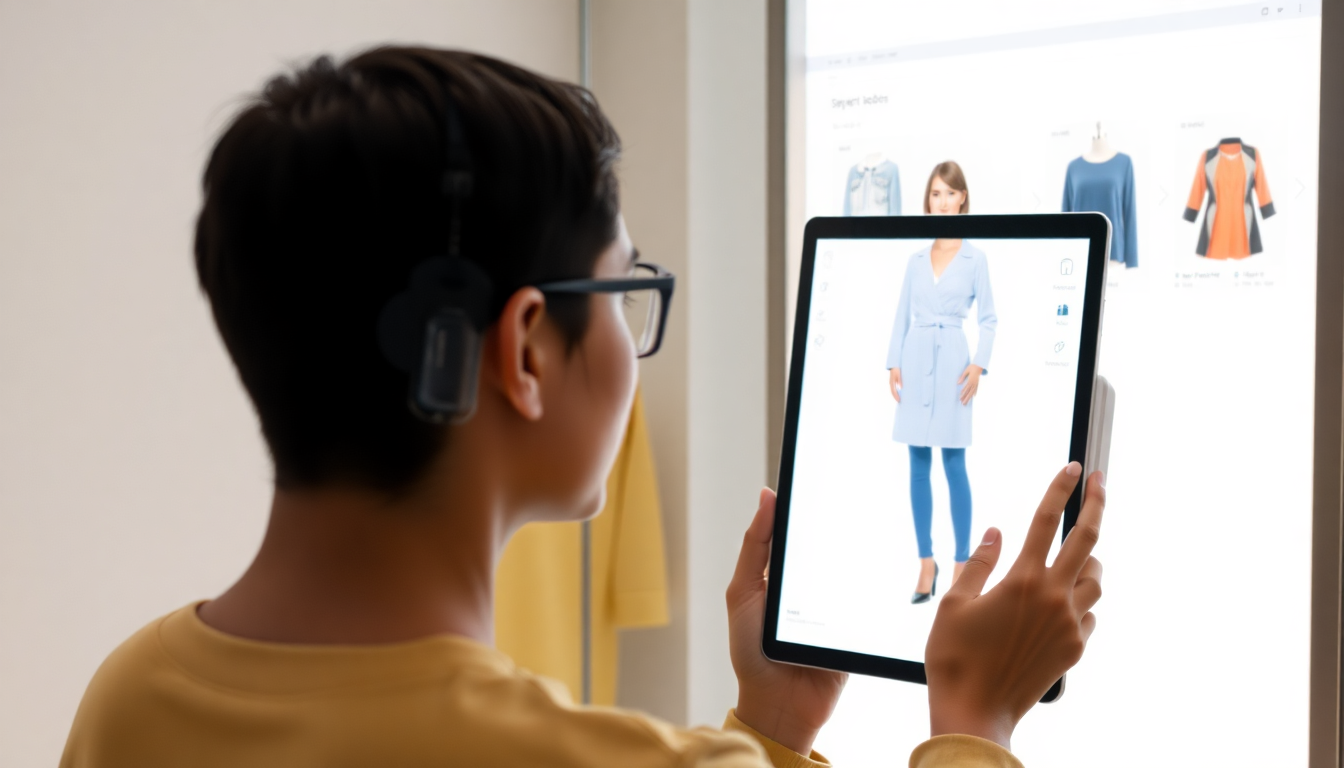사람이 가상 피팅 및 스타일링 어시스턴트를 통해 자신의 이미지에 의류 아이템이 오버레이되는 것을 화면으로 보며 개인화된 쇼핑 경험을 하는 모습.