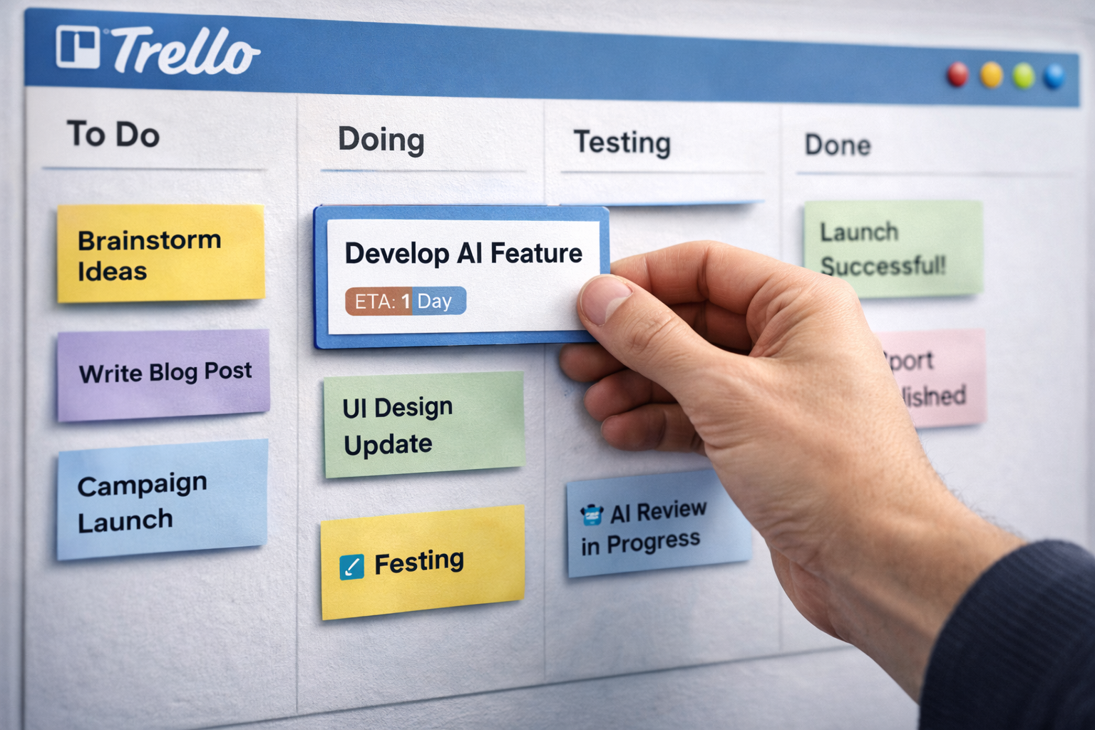 손이 디지털 트렐로 칸반 보드의 카드를 이동시키는 직관적인 프로젝트 관리 이미지