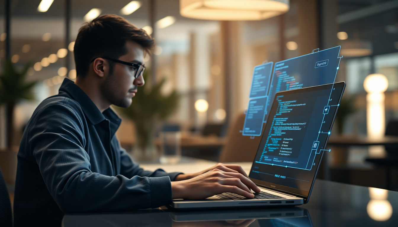 2026년 현대적인 사무실에서 AI 홀로그램 어시스턴트의 도움을 받으며 파이썬 코드를 작성하는 개발자의 모습