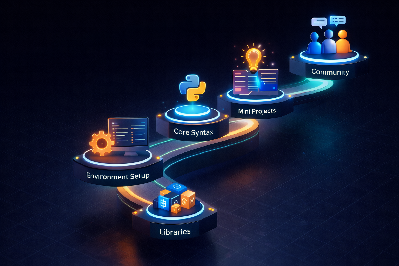 파이썬 독학 5단계 과정을 시각화한 세련된 3D 이소메트릭 로드맵 도표