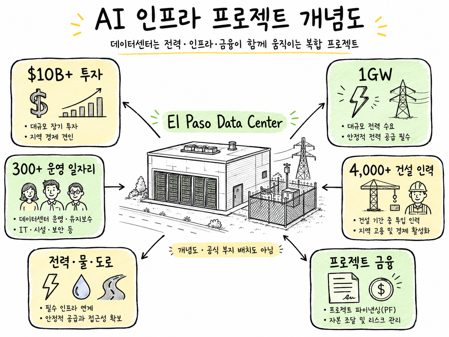 Meta El Paso 데이터센터 사례를 중심으로 프로젝트 금융, 일자리, 물 사용, 전력 조달, 지역 인프라가 연결되는 구조를 표현한 다이어그램