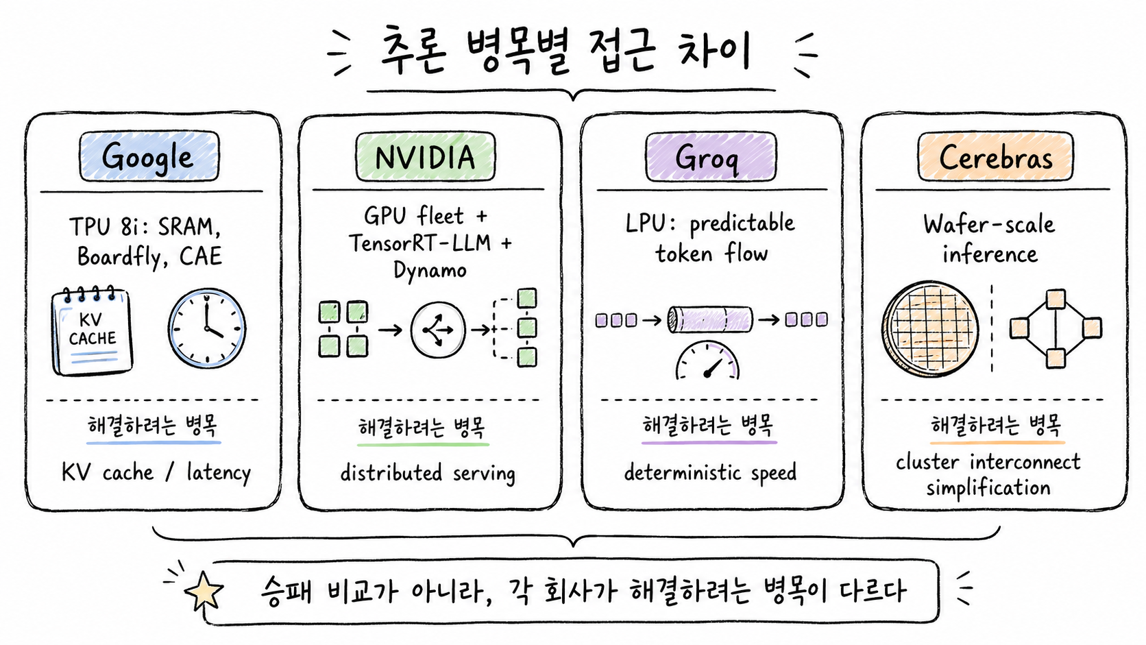 Google, NVIDIA, Groq, Cerebras가 각각 다른 추론 병목을 해결하려는 방향을 비교한 구조도