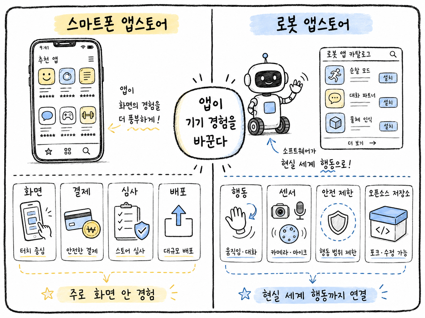 스마트폰 앱스토어와 로봇 앱스토어의 차이를 비교하는 블로그용 손그림 표