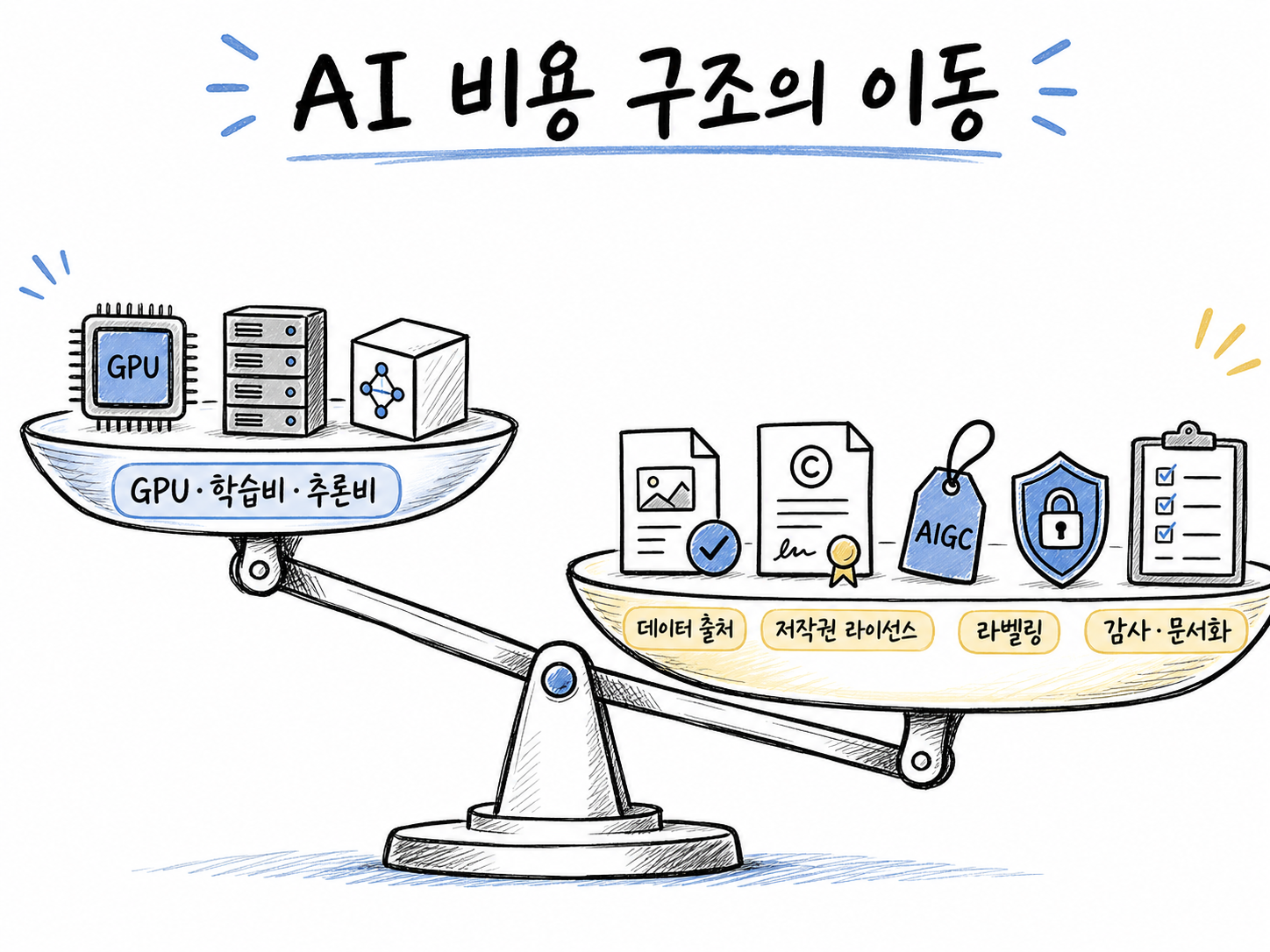 AI 기업 비용 구조가 GPU와 모델 학습비에서 데이터 출처, 저작권, 라벨링, 감사 비용으로 이동하는 모습을 보여주는 손그림 저울 다이어그램
