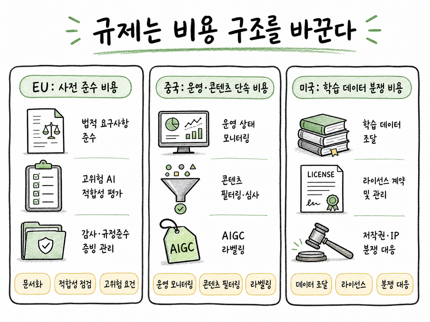 EU, 중국, 미국의 AI 규제·저작권 이슈를 사전 준수 비용, 운영 단속 비용, 학습 데이터 분쟁 비용으로 나누어 비교한 다이어그램