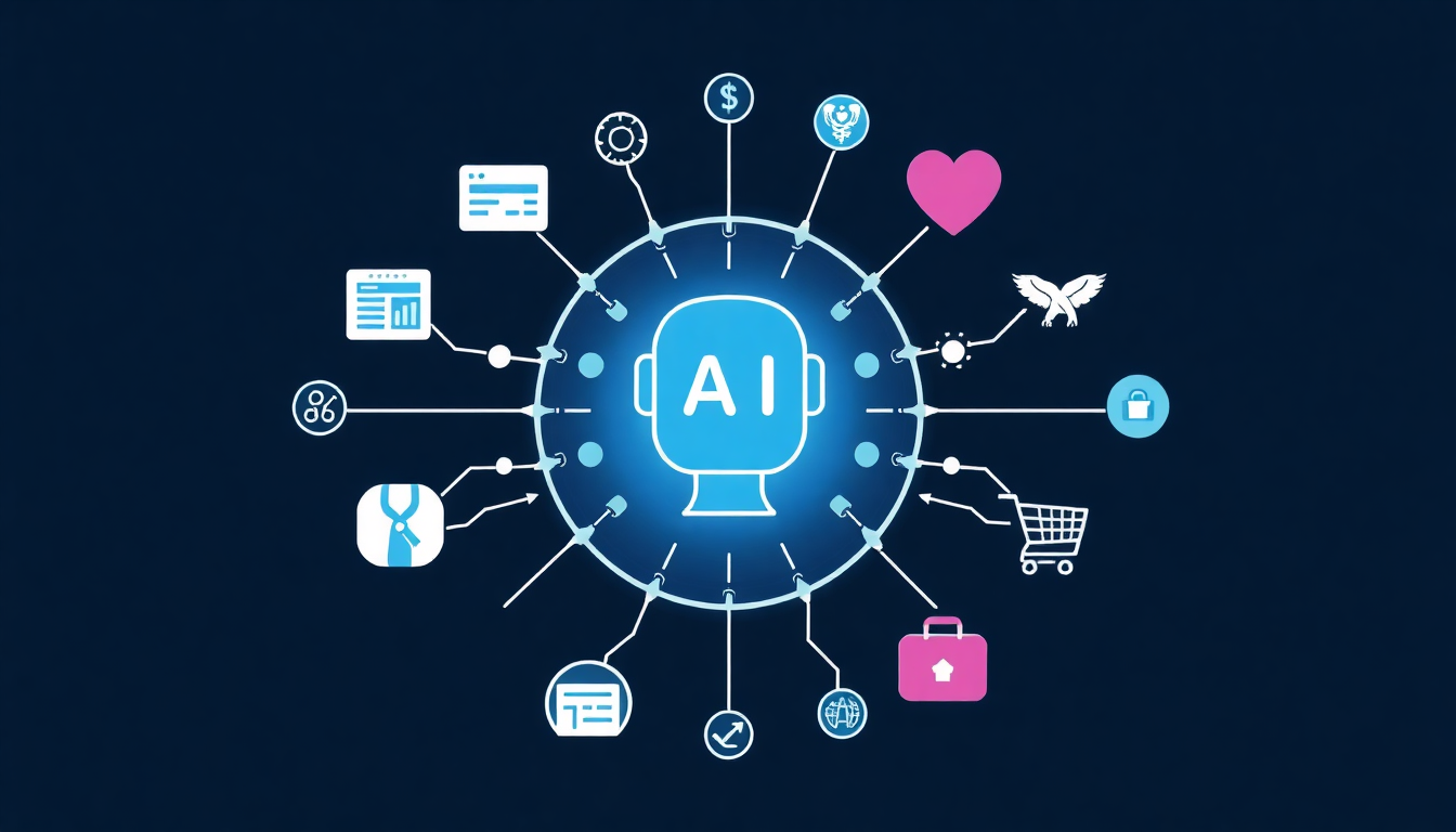 2026년 AI 챗봇이 금융, 의료, 유통 등 다양한 산업 분야에서 핵심 비즈니스 도구로 진화하여 데이터 흐름과 가치를 창출하는 모습을 시각적으로 표현한 이미지.