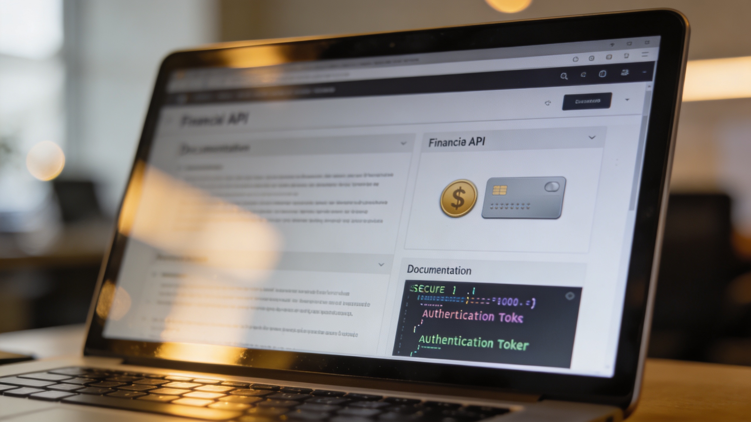 금융 API 문서와 보안 인증 과정이 표시된 고성능 노트북 화면의 근접 촬영 사진