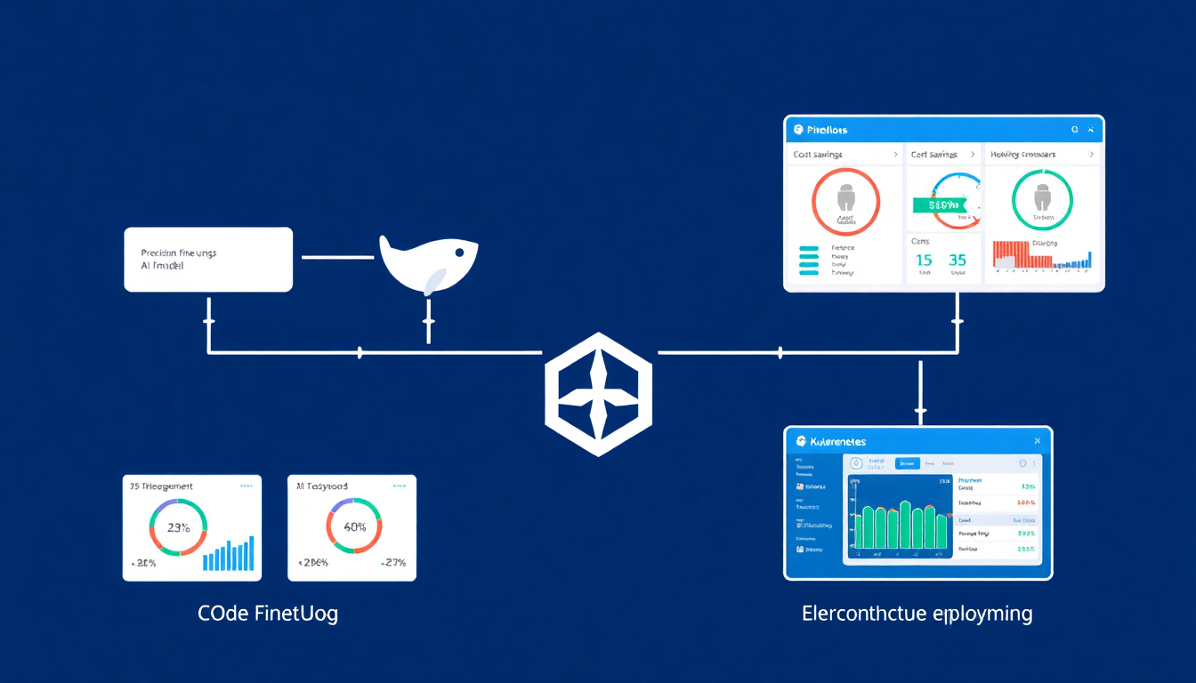 AI 모델을 위한 최적화된 MLOps 워크플로우를 보여주는 이미지. 코드가 도커 컨테이너로 들어가 쿠버네티스에 의해 오케스트레이션되고, 비용 절감 및 성능 지표를 표시하는 모니터링 대시보드가 있는 파이프라인을 묘사한다.