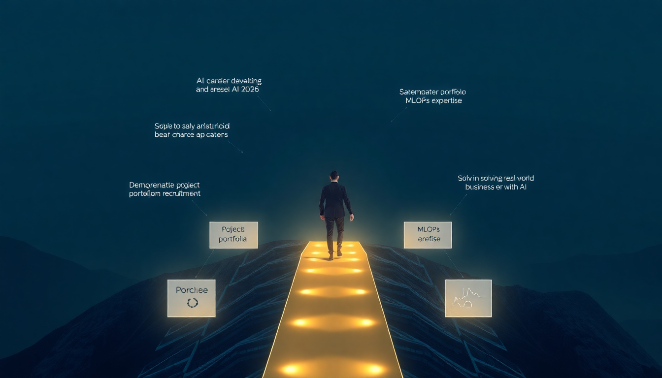 2026년 변화된 AI 개발자 채용 시장을 묘사하는 이미지. 개인이 성공적인 AI 경력을 향해 나아가며, 프로젝트 포트폴리오, MLOps 전문성, 실제 비즈니스 문제 해결 능력을 강조하는 시각적 요소에 둘러싸인 모습.