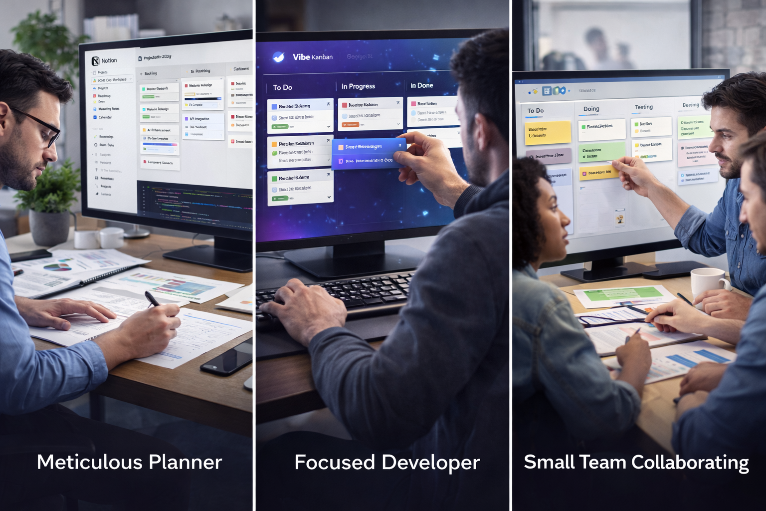 세 가지 사용자 시나리오에 따라 각기 다른 프로젝트 관리 도구를 사용하는 모습을 보여주는 이미지