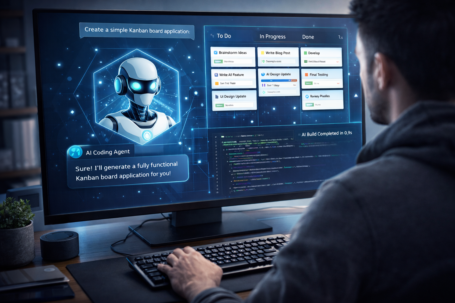 AI 코딩 에이전트가 자연어 프롬프트로 칸반 보드를 즉시 생성하는 미래 기술 이미지
