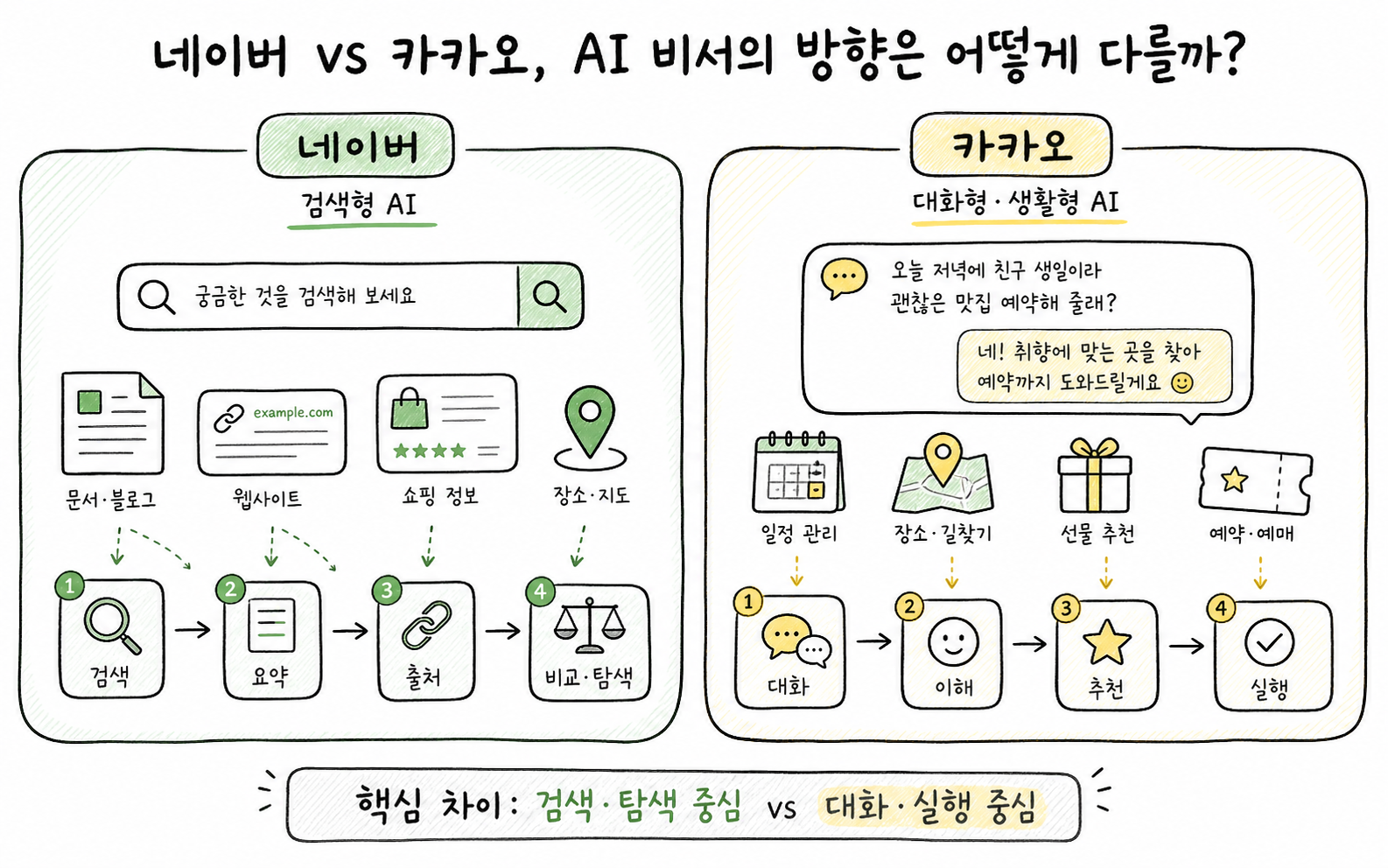 네이버 검색형 AI와 카카오 대화형 생활형 AI의 차이를 비교한 개념 다이어그램