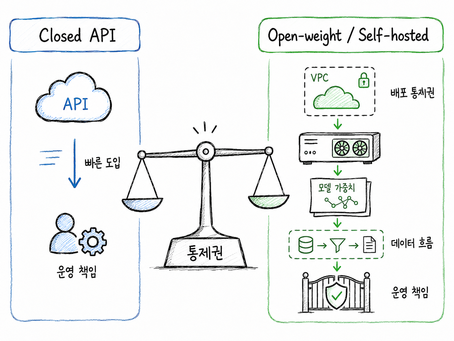 폐쇄형 API와 오픈웨이트 셀프호스팅 전략을 비교하며, 빠른 도입과 배포 통제권·데이터 흐름·운영 책임의 차이를 보여주는 개념도
