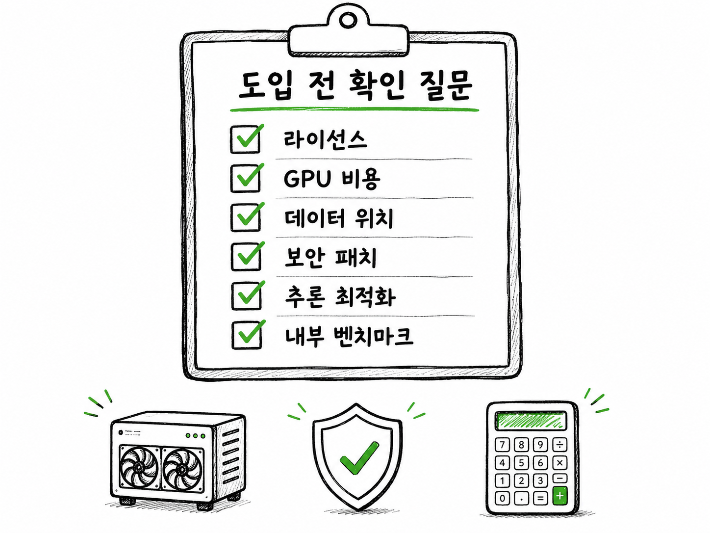 기업이 오픈웨이트 또는 셀프호스팅 AI 에이전트를 도입하기 전 라이선스, GPU 비용, 데이터 위치, 보안 패치, 추론 최적화, 내부 벤치마크를 점검하는 체크리스트